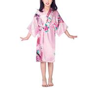 Dolamen Kimono para niña, bata kimono, bata de seda de satén de pavo real y flores, bata de baño para spa, natación, boda, cumpleaños, edades, pijama, ropa de noche