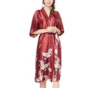 Dolamen Mujer Vestido Kimono Satén, Camisón para Mujer, Grua & Flores Robe Albornoz Dama de Honor Ropa de Dormir Pijama, Estilo Largo & 2018 (Medium, Rojo)