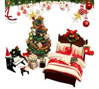 Doll House Christmas Decorations - 13x8x16cm Miniature Tree Bed Piano Modelo para Vacaciones, Invierno con Estilo Festivo, Mini decoración de Muebles para una habitación de Dormitorio, Resina,