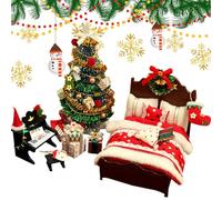 Doll House Christmas Decorations - Miniature DIY Tree, Bed, Piano Models | Holiday Furniture Set for Winter Home, Room, Party, Celebration, Kids, and Adults