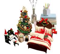 doll house Decoraciones navideñas - Juego de muebles en miniatura y modelo de árbol para exposiciones navideñas, cama de Navidad casera, piano y accesorios de habitación para niños o adultos, fiesta
