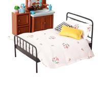 Doll House Furniture - Alloy 16cm, Miniature Bed Set, Vintage Iron Frame | Realistic Quilt Mattress, 1:12 Scale Bed, Wrought Iron For Boys, Girls, Teens, Pretend Play, Indoor Display