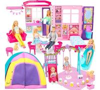 Doll House Gift Set for Dolls and Barbie with 60 PCS & 2 Dolls: Featuring a Living Room, Kitchen, Bedroom, Outdoor Slide/Swing and Camping Playset