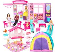 Doll House Gift Set for Dolls and Barbie with 60+ Pieces & 2 Dolls: Playhouse Toy with Bedroom, Living Room, Kitchen, Pet House, and Camping Playset