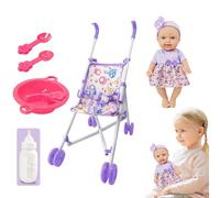 Doll Stroller Set - 10 Inch Pink Foldable Frame, Role Play Nursery Toy, Lightweight Portable Carriage, Compact Puppy Plush Walker, Realistic Pretend Grooming Gear, Small Accessory | For G