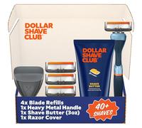 Dollar Shave Club The Member Exclusive Shave Set | 4 cartuchos de recambio extra cerrados, 1 mango (azul), 1 mantequilla de afeitar de 3 onzas, 1 funda para maquinilla de afeitar