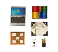 Dolls House - Paquete de accesorios de oficina moderno, escala 1:12, tablero de anuncios de corcho, portátil, bañera de lápices, secante de escritorio, libros, iPad Minimum World