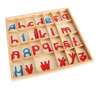 Dolltobe Alfabeto móvil con caja y manta, alfabeto de madera para educación temprana, letras cursivas pequeñas, consonantes rojas y vocales azules, 34,5 x 33 x 2,5 cm