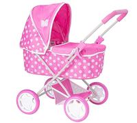 Dolly Tots Cochecito de bebé | Cochecito con Estampado de Lunares Rosa y Blanco | Sistema de Viaje para niños con Capucha Ajustable y Almacenamiento Debajo del Asiento | Partir de 3 años
