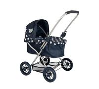 Dolly Tots - Cochecito de muñecas azul marino con delantal extraíble y capucha ajustable | Sistema de viaje plegable ligero con bolsa a juego | Sistema de almacenamiento de cesta debajo del asiento |
