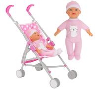 Dolly Tots Cochecito individual y muñeca | Cochecito de lunares rosas para mayores de 2 años | Cochecito plegable ligero con paraguas con muñeca a juego | Cochecito de juguete para niñas y niños |