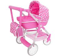 Dolly Tots Cochecito para muñecas Junior Roamer | Cochecito de lunares rosas con cuna de transporte desmontable, asa ajustable y cesta de almacenamiento | Incluye bolsa cambiadora | Sistema de viaje