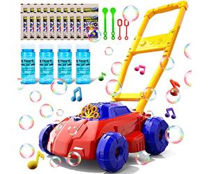 Doloowee cortadora de césped de burbujas roja y azul para niños pequeños, creadores de burbujas para niños, juguete de jardín al aire libre para el verano, regalos de cumpleaños para niños y niñas de