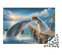 Dolphin Adult Jigsaw Puzzle Dolphin and Girl on Pier Educational Game Decompression for Adults Teens & Home Decor 52x38cm/1000pcs