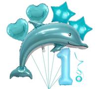 Dolphin Blue Boy Foil Globo 1er cumpleaños Niño Blue Dolphin Globo Set Números XL Globo Número 1 Foil Globo Sea Animal Globos Números 1 Foil Globo 1 Año Boy Star Foil Globo