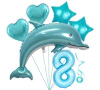 Dolphin Blue Boy Foil Globo 8th Birthday Boy Blue Dolphin Globo Set Números XL Globo Número 8 Foil Globo Sea Animal Globos Números 8 Foil Globo 8 Años Boy Star Foil Globo