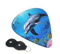 Dolphin in the Coral Reef - Juego de 6 púas de guitarra con soporte de cuero para púas de guitarra, bolsa para llaves de púa, púa de arte abstracto para guitarra eléctrica acústica, ukelele de 0.71 mm