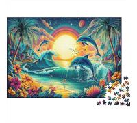 Dolphin Jump Rompecabezas de Papel Delfines Saltando al Atardecer Tropical, regalable para Toda la Familia 52x38cm/1000 Piezas