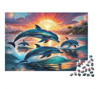 Dolphin Rompecabezas de Papel Grueso Delfines Nadando en océano de Atardecer Naranja, Regalo Apto para Principiantes para niños 70x50cm/1000 Piezas