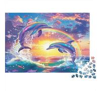 Dolphin Rompecabezas de Papel Reciclado Delfines Saltando sobre un arcoíris al Atardecer, Regalo Coleccionable para Adultos 38x26cm/1000 Piezas