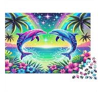 Dolphin Rompecabezas de Papel Resistente Delfines con Colas neón Junto a Palmeras, Estimulante Mental y Alivio del estrés 52x38cm/1000 Piezas