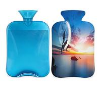 Dolphins Botella de agua caliente con funda esponjosa, bolsa de agua caliente de gran capacidad de 2 litros, bolsa de agua con botella de delfines y puesta de sol para noches acogedoras, alivio del