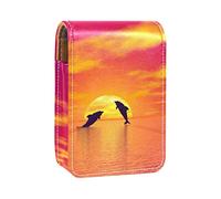Dolphins by Sunset - Estuche portátil para pintalabios para viajes, mini caja de almacenamiento de lápiz labial con espejo para mujeres y mujeres, bolsa de cosméticos de cuero, Varios colores, 9.5x2x7 cm/3.7x0.8x2.7 in