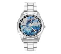 Dolphins Jump from The Sea - Reloj de pulsera de cuarzo personalizado de acero inoxidable con números arábigos para hombres y mujeres