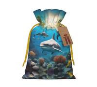 Dolphins Sea Turtle Shark Octopus Coral Print Small Drawstring Pouch for Gifts Reusable Gift Bag For Holiday and Party Gifts