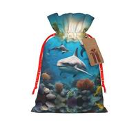 Dolphins Sea Turtle Shark Octopus Coral Print Small Drawstring Pouch for Gifts Reusable Gift Bag For Holiday and Party Gifts