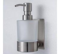 Dolvhin® Dispensador de Jabón Sin Taladro para Pared | Dosificador Vidrio Esmerilado 250ml | Bote de Jabón Acero Inoxidable | Jabonera Adhesivo Baño & Cocina | Soporte Mural Incluido | Gris Plata
