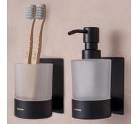 Dolvhin® Set Dispensador Jabón & Portacepillos de Dientes | Vidrio Esmerilado y Acero Inoxidable | Soporte Vaso Cepillos sin Taladro | Dosificador de Pared Adhesivo | Juego de Baño | Negro Mate