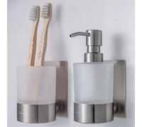 Dolvhin® Set Dispensador Jabón & Portacepillos de Dientes | Vidrio Esmerilado y Acero Inoxidable | Soporte Vaso Cepillos sin Taladro | Dosificador de Pared Adhesivo | Juego de Baño | Gris Plata