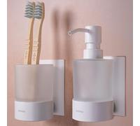 Dolvhin® Set Dispensador Jabón & Portacepillos de Dientes | Vidrio Esmerilado y Acero Inoxidable | Soporte Vaso Cepillos sin Taladro | Dosificador de Pared Adhesivo | Juego de Baño | Blanco Mate