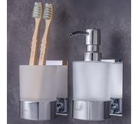 Dolvhin® Set Dispensador Jabón & Portacepillos de Dientes | Vidrio Esmerilado y Acero Inoxidable | Soporte Vaso Cepillos sin Taladro | Dosificador de Pared Adhesivo | Juego de Baño | Cromo Pulido