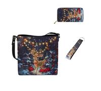 Dolyues Bolsas de cubo para mujer, cartera larga, llavero, pulsera, cuero, 3 piezas, juego de bolsos para mujer para trabajo de lona, Ciervo de Navidad