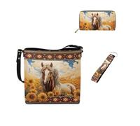 Dolyues Bolsas de cubo para mujer, cartera larga, llavero, pulsera, cuero, 3 piezas, juego de bolsos para mujer para trabajo de lona, Caballo de girasol