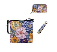 Dolyues Bolsas de cubo para mujer, cartera larga, llavero, pulsera, cuero, 3 piezas, juego de bolsos para mujer para trabajo de lona, Flor bohemia