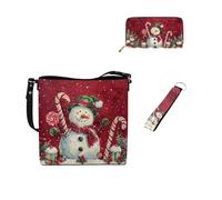 Dolyues Bolsas de cubo para mujer, cartera larga, llavero, pulsera, cuero, 3 piezas, juego de bolsos para mujer para trabajo de lona, Muñeco de nieve navideño lindo