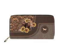 Dolyues Cartera larga de piel sintética impermeable para mujer, con cremallera, tarjeta de crédito, dinero en efectivo, monedero con bolsillo para monedas, Girasol Caballo, Clásico