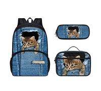 Dolyues Juego de 3 bolsas de almuerzo, mochila escolar para niños y niñas, estuche impermeable para lápices, Blue Denim Cat, Mochila para niños