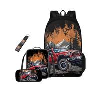 Dolyues Juego de 4 llaveros para niños, mochila grande para niños con lonchera y estuche para lápices de 6 a 14 libros para la escuela, jeep