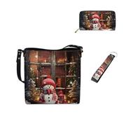 Dolyues Juego de bolso de cubo 3 en 1 para mujer, bolso cruzado de cuero, cartera y llavero para mujer Wokr Tarvel, Muñeco de nieve navideño lindo