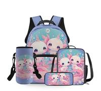 Dolyues Mochila escolar para niñas de gran capacidad con fiambrera, bolsa para lápices y funda para botella de agua, 4 unidades, Dos ajolotes