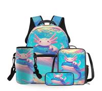 Dolyues Mochila escolar para niñas de gran capacidad con fiambrera, bolsa para lápices y funda para botella de agua, 4 unidades, Ballena Axolotl