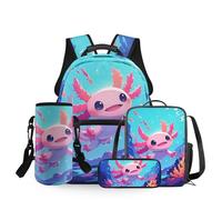 Dolyues Mochila escolar para niñas de gran capacidad con fiambrera, bolsa para lápices y funda para botella de agua, 4 unidades, Sea Axolotl