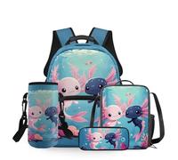 Dolyues Mochila escolar para niñas de gran capacidad con fiambrera, bolsa para lápices y funda para botella de agua, 4 unidades, Par de ajolotes