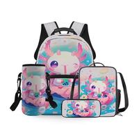 Dolyues Mochila escolar para niñas de gran capacidad con fiambrera, bolsa para lápices y funda para botella de agua, 4 unidades, Bonito Axolotl