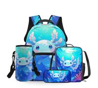 Dolyues Mochila escolar para niñas de gran capacidad con fiambrera, bolsa para lápices y funda para botella de agua, 4 unidades, Axolotl de fondo marino
