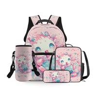 Dolyues Mochila escolar para niñas de gran capacidad con fiambrera, bolsa para lápices y funda para botella de agua, 4 unidades, Axolotl - Té con leche para beber